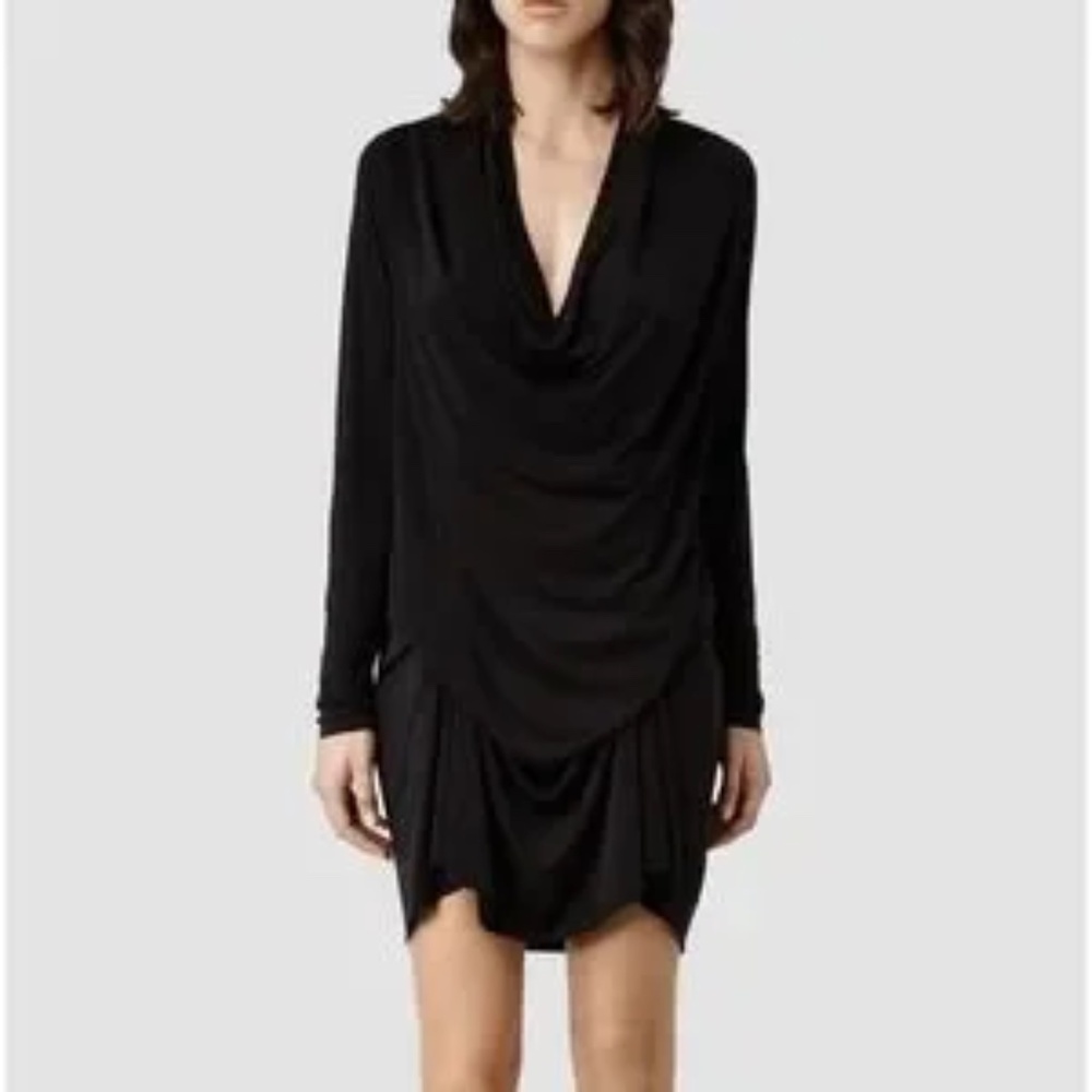 ALL SAINTS Amei Silky Long‎ Sleeve Adjustable Drape Dress in Black Size 0
